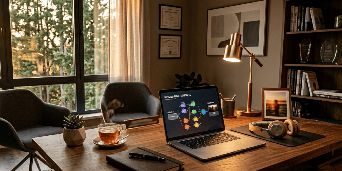 Кабинет методолога-продюсера: рабочий стол с ноутбуком и визуальным редактором сценариев, уютный закат за окнами